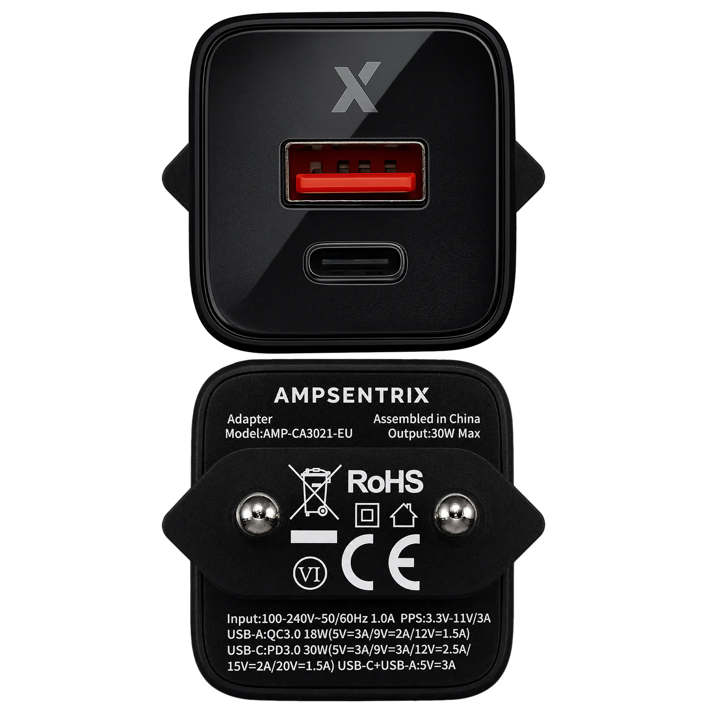 30W Dual-Port Wall Charger with GaN Fast Charging (USB-C + USB-A) (AmpSentrix Pro) (220V Euro) (Black Titanium)

