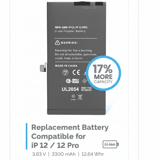 Revitalize Your Device with the iPhone 12 Pro Battery Replacement AND ALSO FOR IPHONE 12

Are you tired of your iPhone 12 Pro running out of battery when you need it the most? Our iPhone 12 Pro battery replacement&nbsp;AND ALSO FOR IPHONE 12 offers a powerful solution with 17% more capacity than standard batteries, ensuring you stay connected longer without the constant worry of finding a charger.